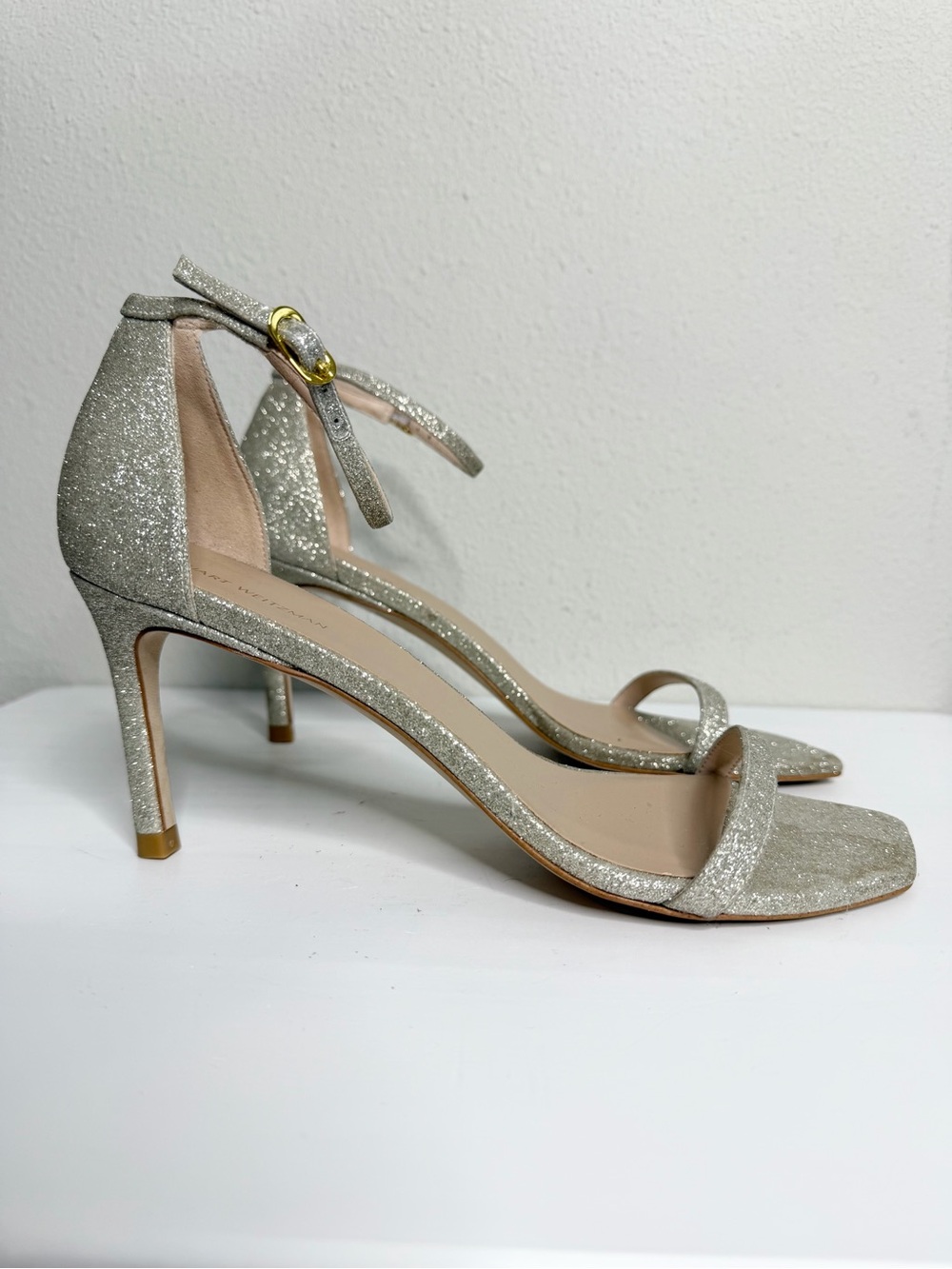 Stuart Weitzman Nudistsong Champagne Glitter Ankle Strap Heels Size 9 *read